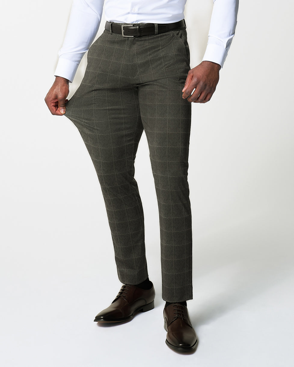 Athletic Fit Stretch Suit Pants - Olive with White Windowpane | State & Liberty Suits|Bottoms