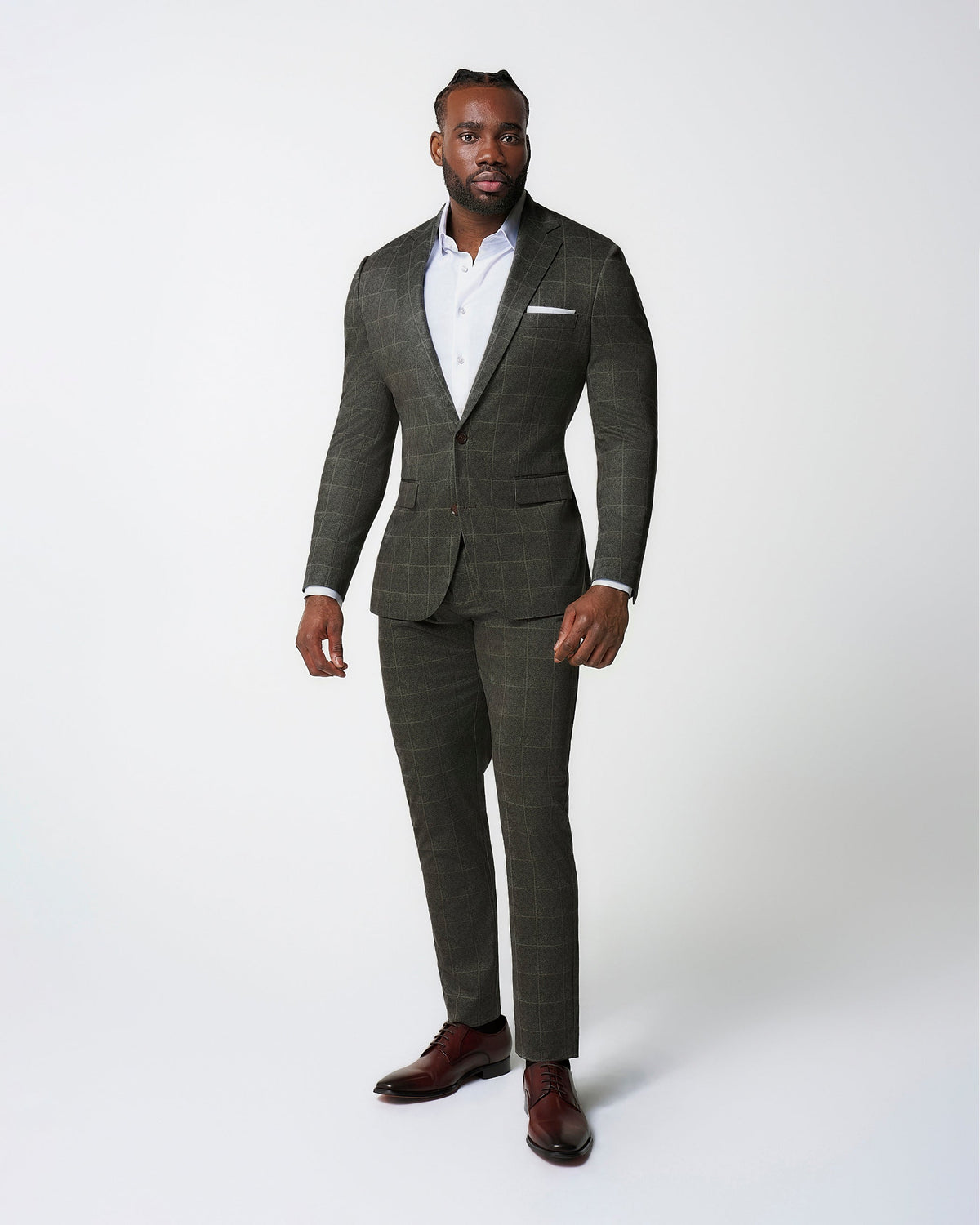 Athletic Fit Stretch Suit Pants - Olive with White Windowpane | State & Liberty Suits|Bottoms
