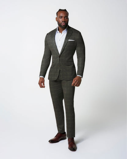 Athletic Fit Stretch Suit Pants - Olive with White Windowpane | State & Liberty Suits|Bottoms