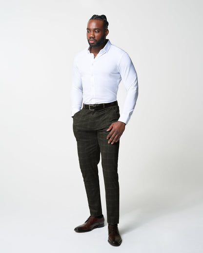 Athletic Fit Stretch Suit Pants - Olive with White Windowpane | State & Liberty Suits|Bottoms