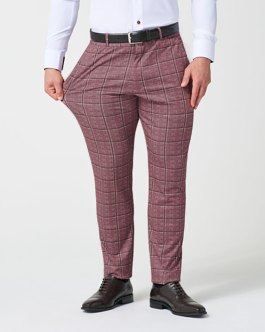 Athletic Fit Stretch Suit Pants - Crimson with Burgundy Big Windowpane | State & Liberty Suits|Bottoms