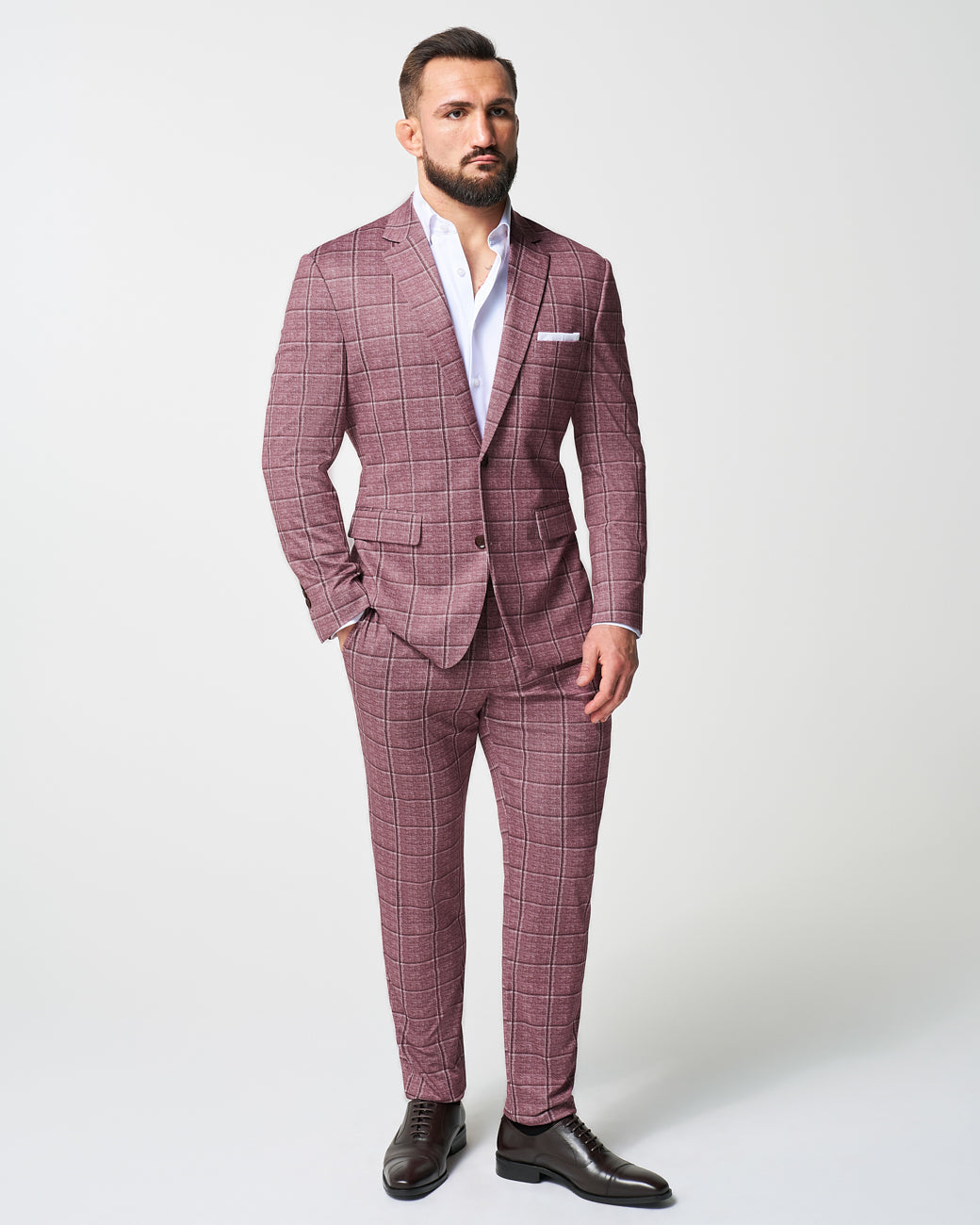 Athletic Fit Stretch Suit Pants - Crimson with Burgundy Big Windowpane | State & Liberty Suits|Bottoms
