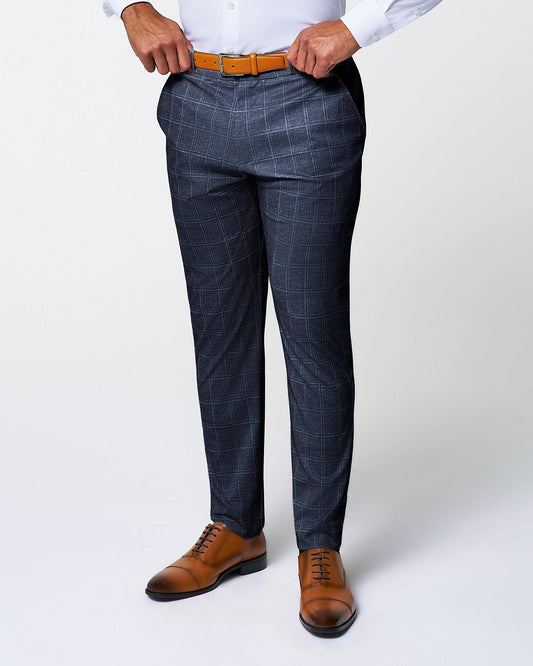 Athletic Fit Stretch Suit Pants - Textured Navy with White Windowpane | State & Liberty Suits|Bottoms