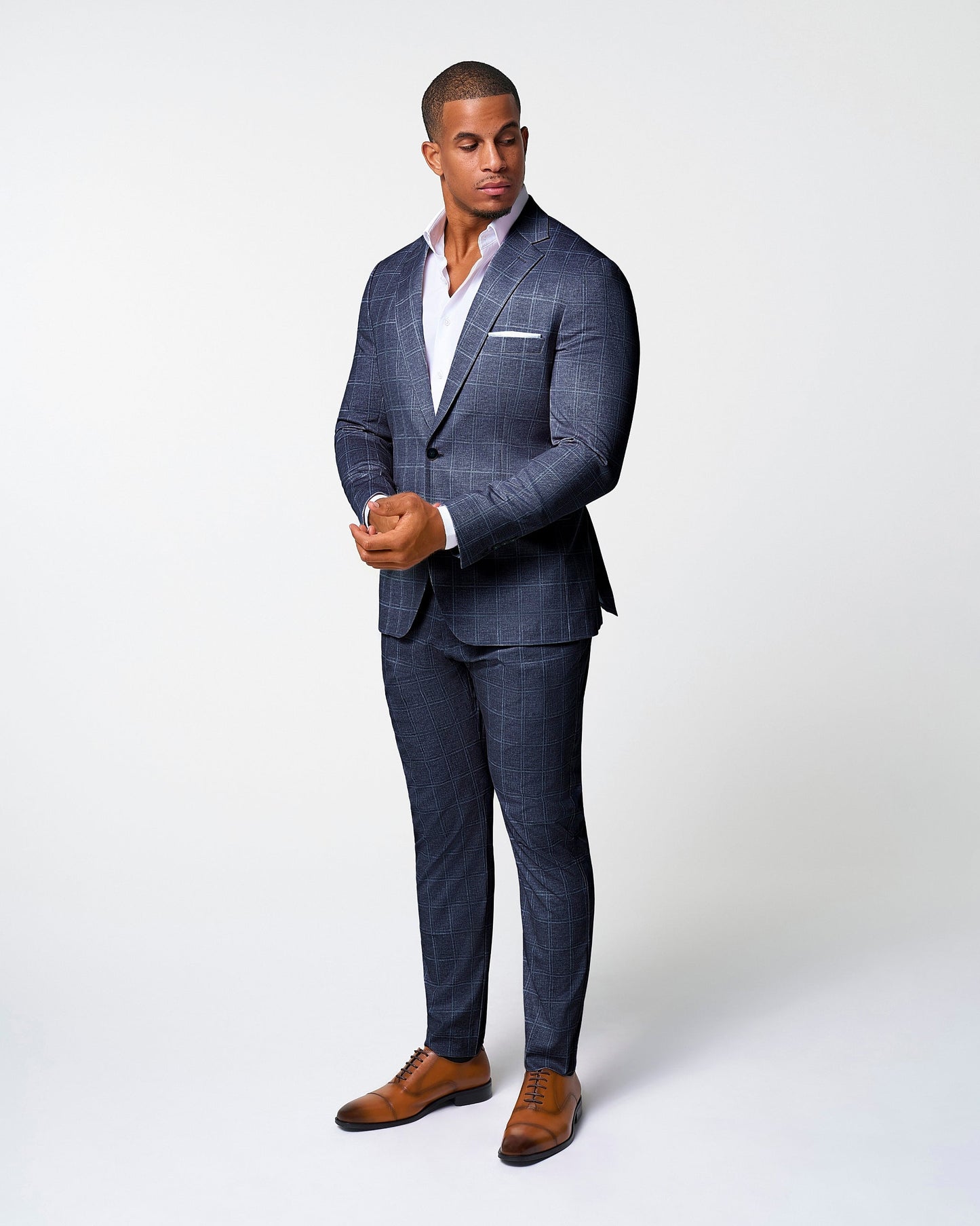 Athletic Fit Stretch Suit Pants - Textured Navy with White Windowpane | State & Liberty Suits|Bottoms