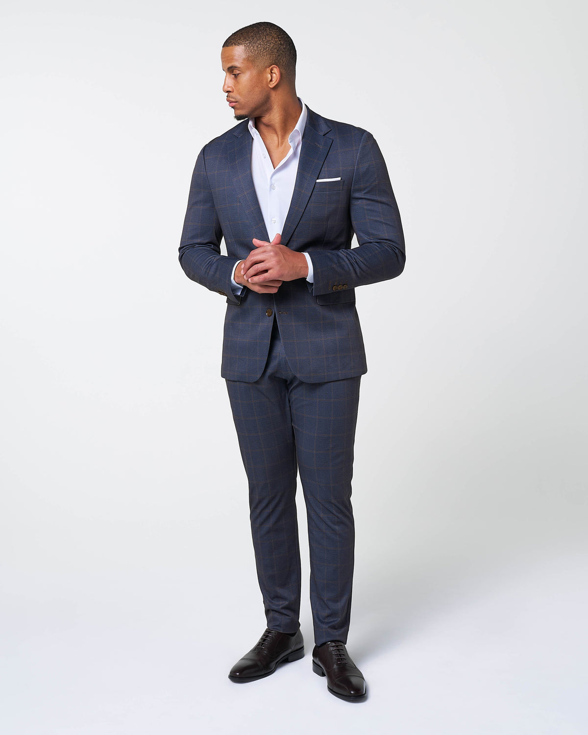 Athletic Fit Stretch Suit Pants - Navy & Brown Windowpane | State & Liberty Suits|Bottoms