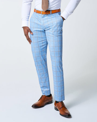 Athletic Fit Stretch Suit Pants - Light Blue and Brown Big Windowpane | State & Liberty Suits|Bottoms