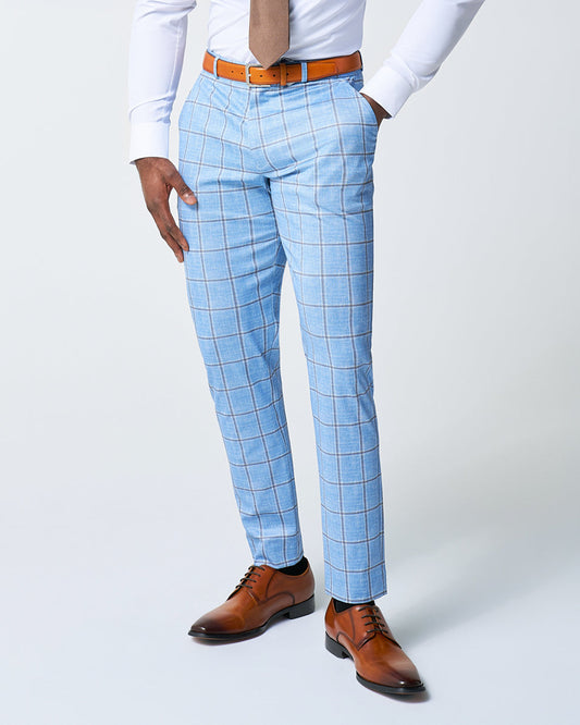 Athletic Fit Stretch Suit Pants - Light Blue and Brown Big Windowpane | State & Liberty Suits|Bottoms