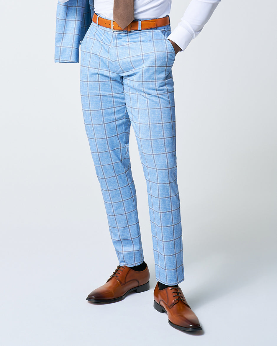 Athletic Fit Stretch Suit Pants - Light Blue and Brown Big Windowpane | State & Liberty Suits|Bottoms