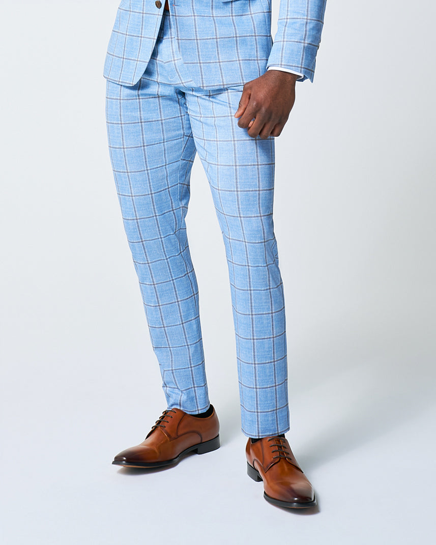 Athletic Fit Stretch Suit Pants - Light Blue and Brown Big Windowpane | State & Liberty Suits|Bottoms