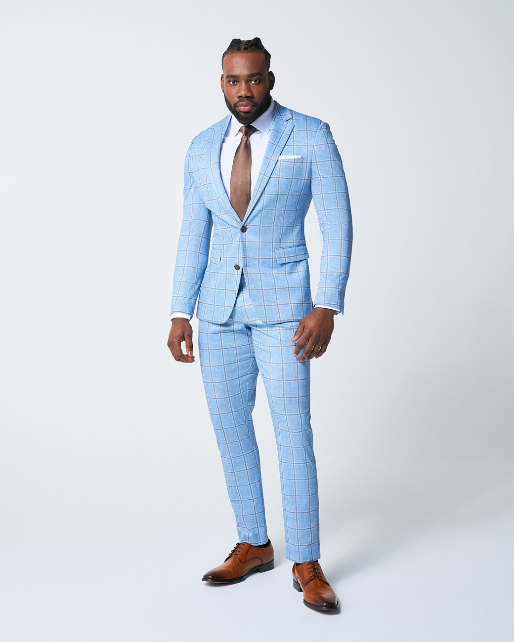 Athletic Fit Stretch Suit Pants - Light Blue and Brown Big Windowpane | State & Liberty Suits|Bottoms