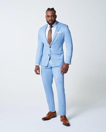 Athletic Fit Stretch Suit Pants - Light Blue and Brown Big Windowpane | State & Liberty Suits|Bottoms