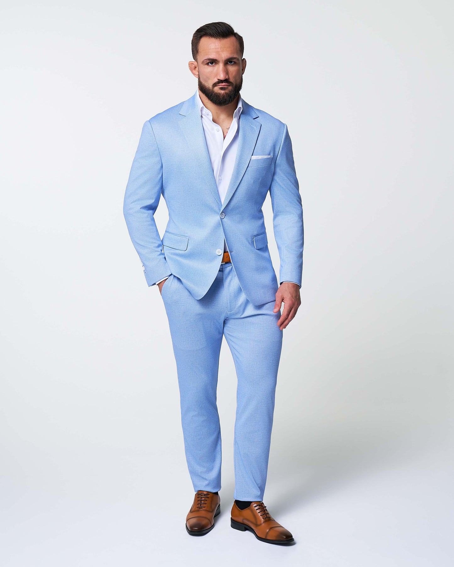Athletic Fit Stretch Suit Pants - Light Blue Mini Houndstooth | State & Liberty Suits|Bottoms