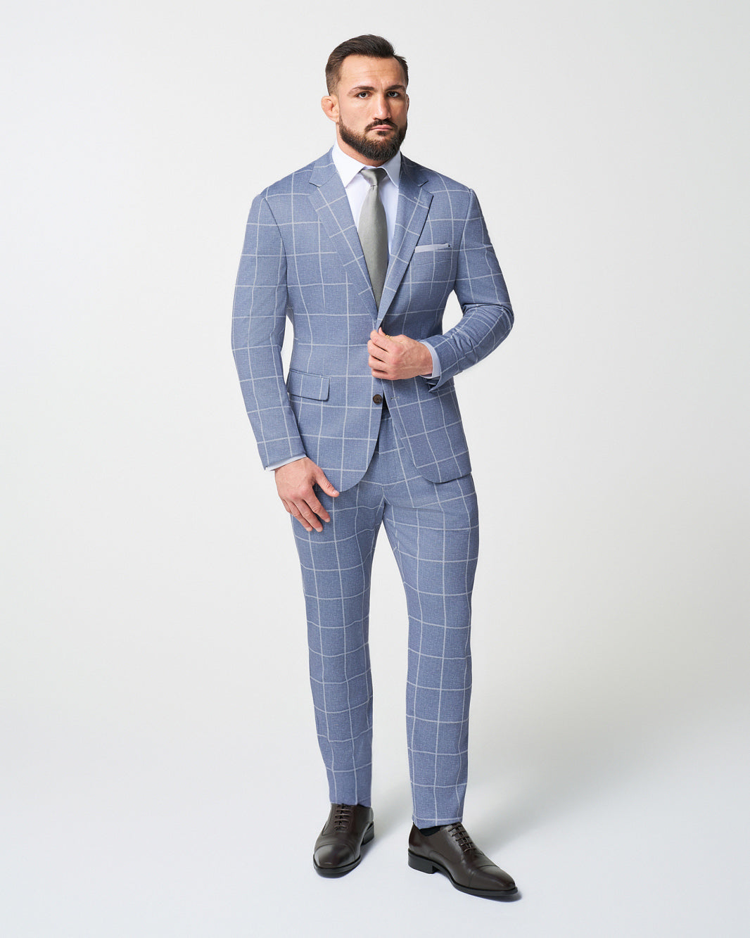 Athletic Fit Stretch Suit Pants - Textured Light Blue with White Windo | State & Liberty Suits|Bottoms