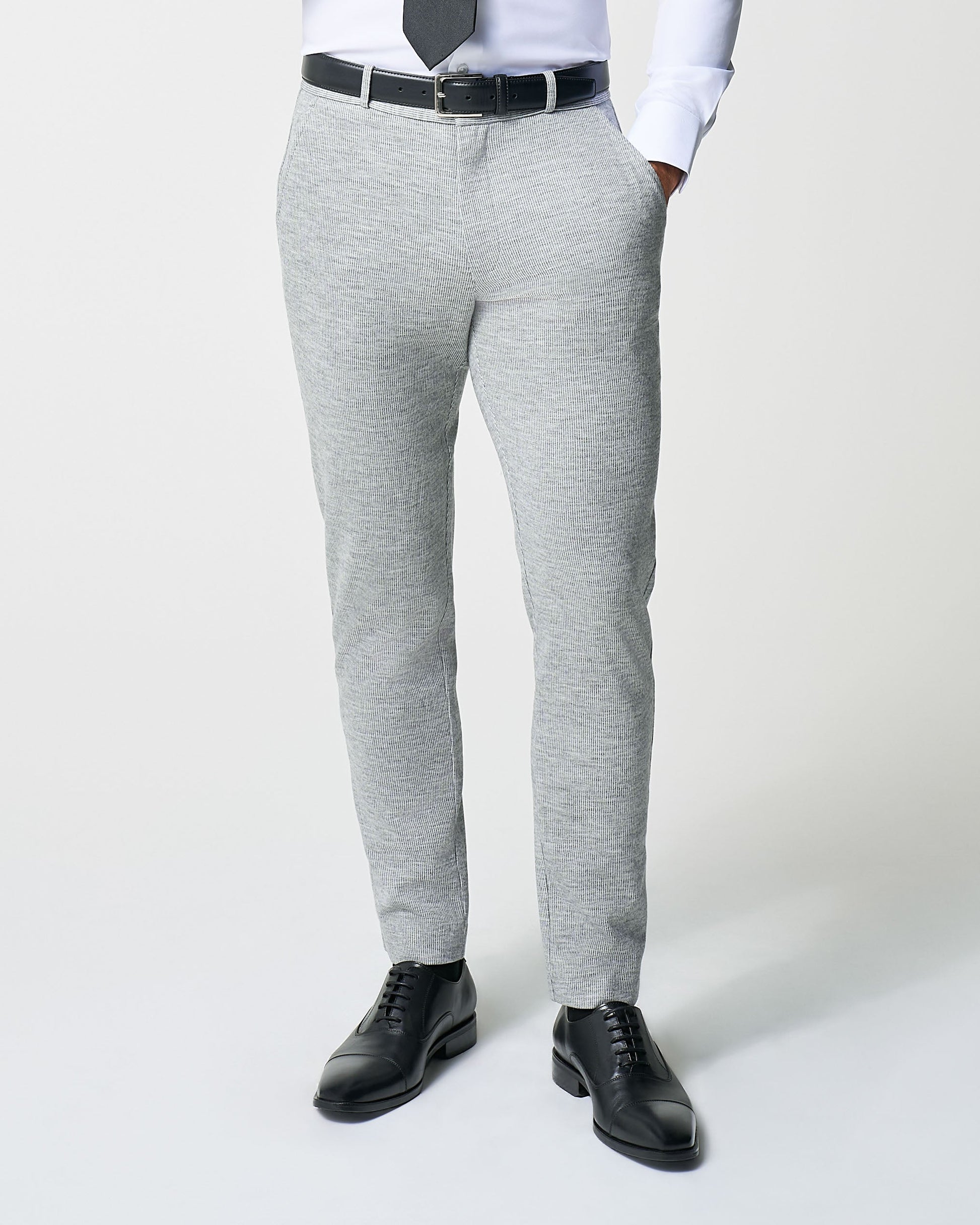 Athletic Fit Stretch Wool Suit Pants - Light Grey with White Mini Stri | State & Liberty Suits|Bottoms
