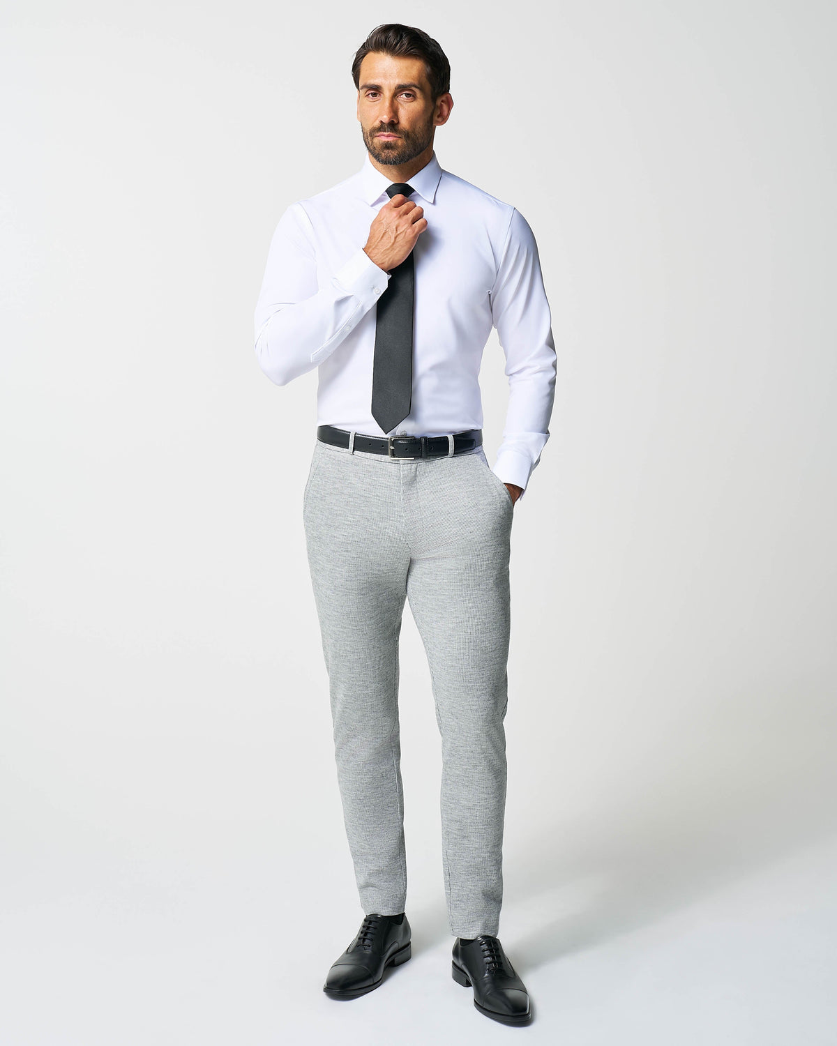 Athletic Fit Stretch Wool Suit Pants - Light Grey with White Mini Stri | State & Liberty Suits|Bottoms
