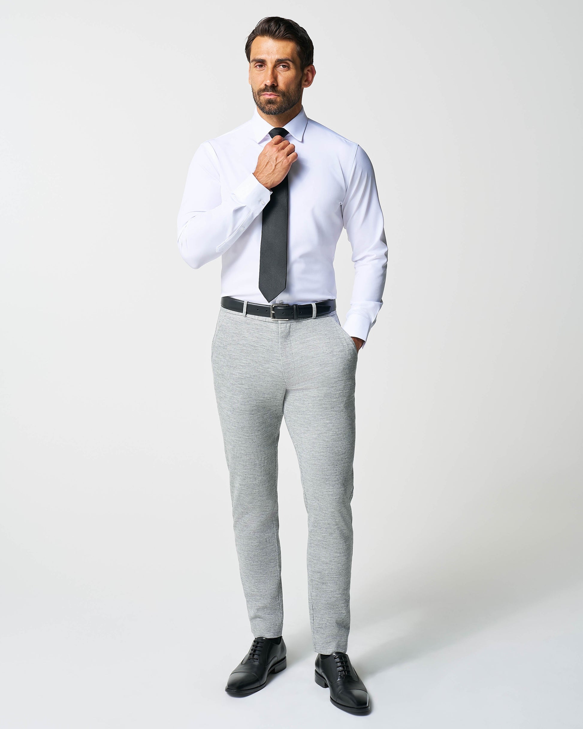 Athletic Fit Stretch Wool Suit Pants - Light Grey with White Mini Stri | State & Liberty Suits|Bottoms
