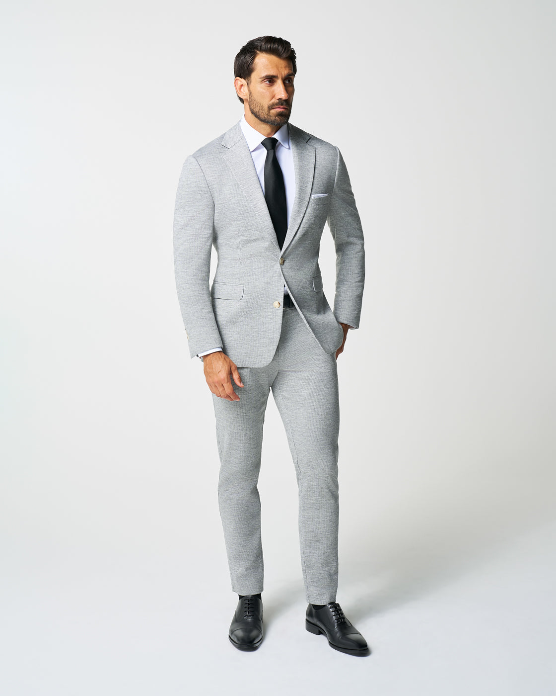 Athletic Fit Stretch Wool Suit Pants - Light Grey with White Mini Stri | State & Liberty Suits|Bottoms