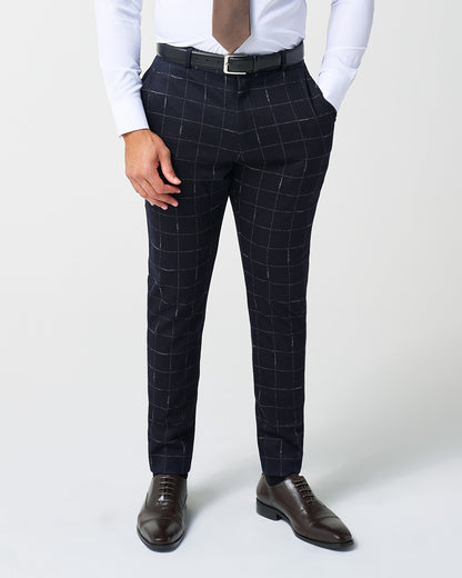 Athletic Fit Stretch Wool Suit Pants - Midnight Navy & Chalk Windowpan | State & Liberty Suits|Bottoms