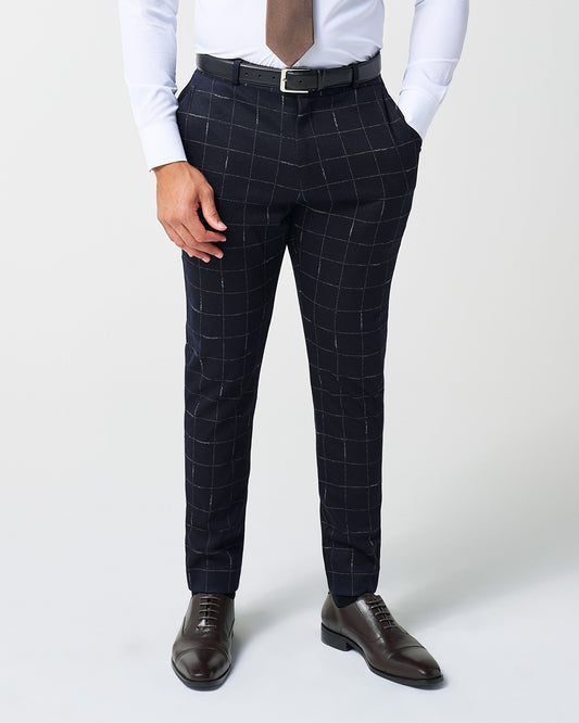 Athletic Fit Stretch Wool Suit Pants - Midnight Navy & Chalk Windowpan | State & Liberty Suits|Bottoms