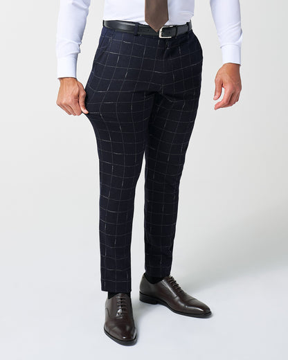 Athletic Fit Stretch Wool Suit Pants - Midnight Navy & Chalk Windowpan | State & Liberty Suits|Bottoms