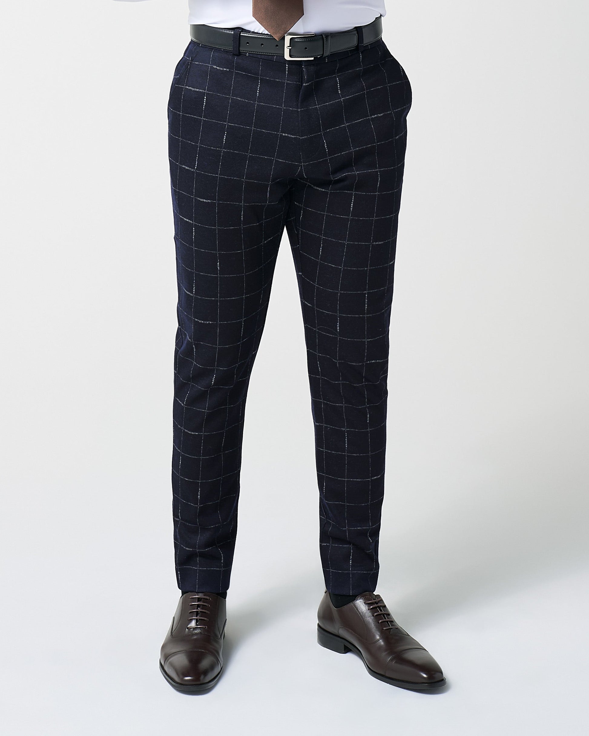 Athletic Fit Stretch Wool Suit Pants - Midnight Navy & Chalk Windowpan | State & Liberty Suits|Bottoms