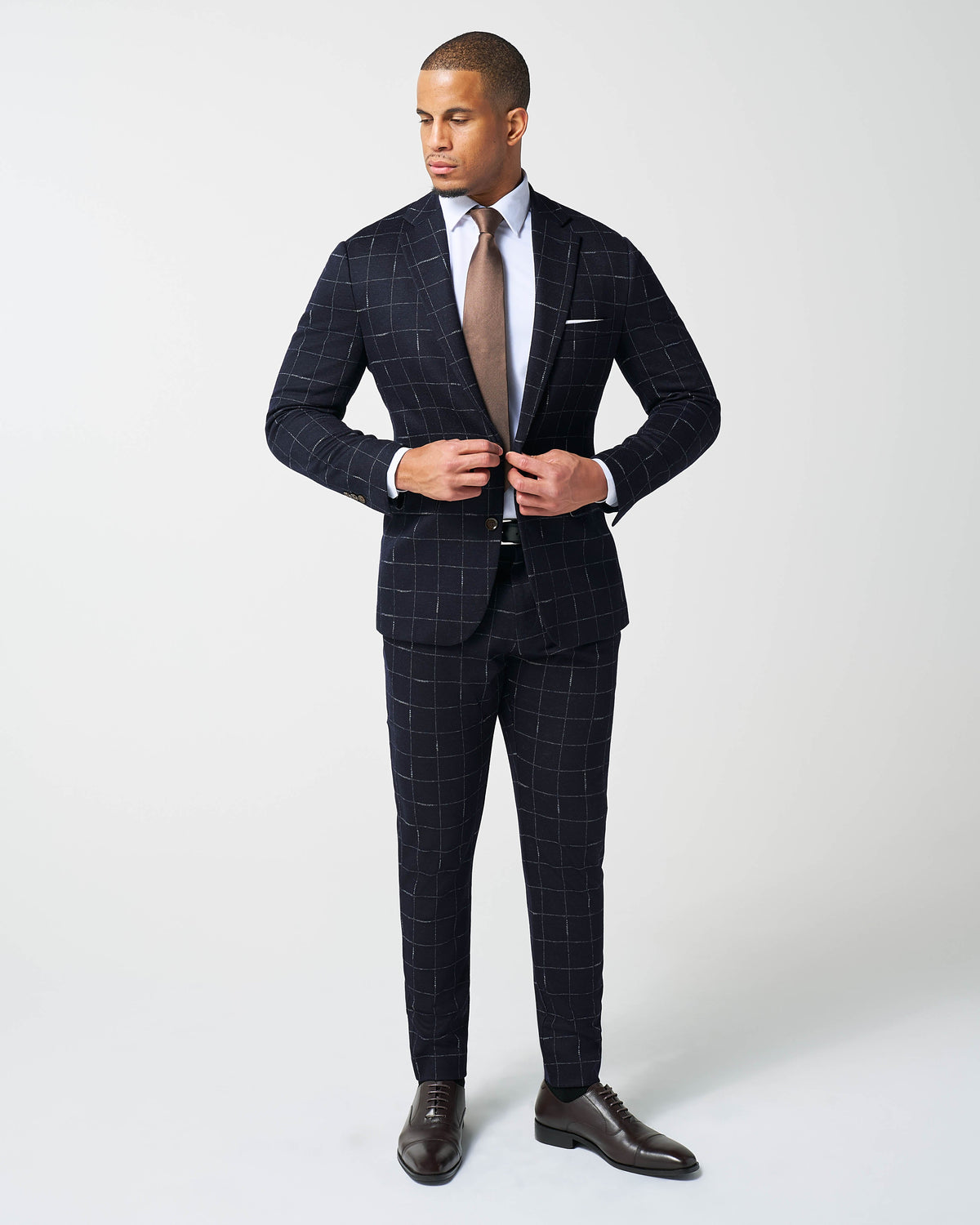 Athletic Fit Stretch Wool Suit Pants - Midnight Navy & Chalk Windowpan | State & Liberty Suits|Bottoms