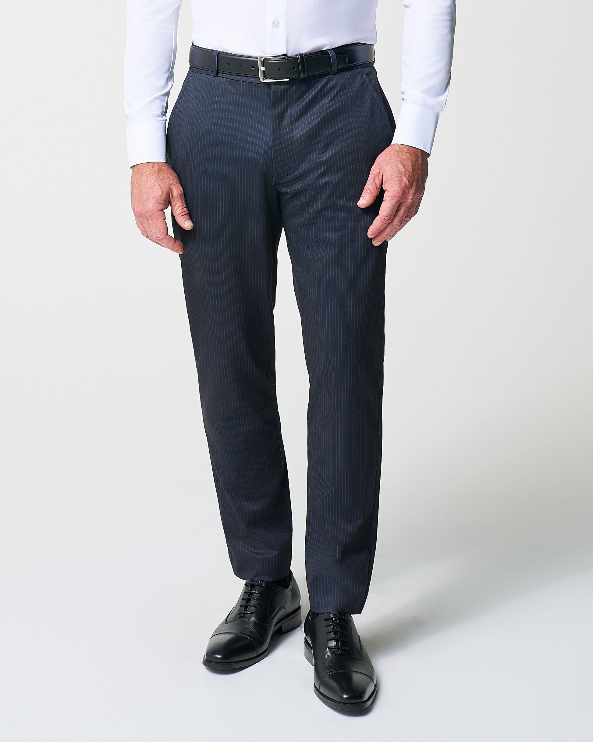 Athletic Fit Stretch Suit Pants - Knit Blue Chalk Stripe | State & Liberty Suits|Bottoms