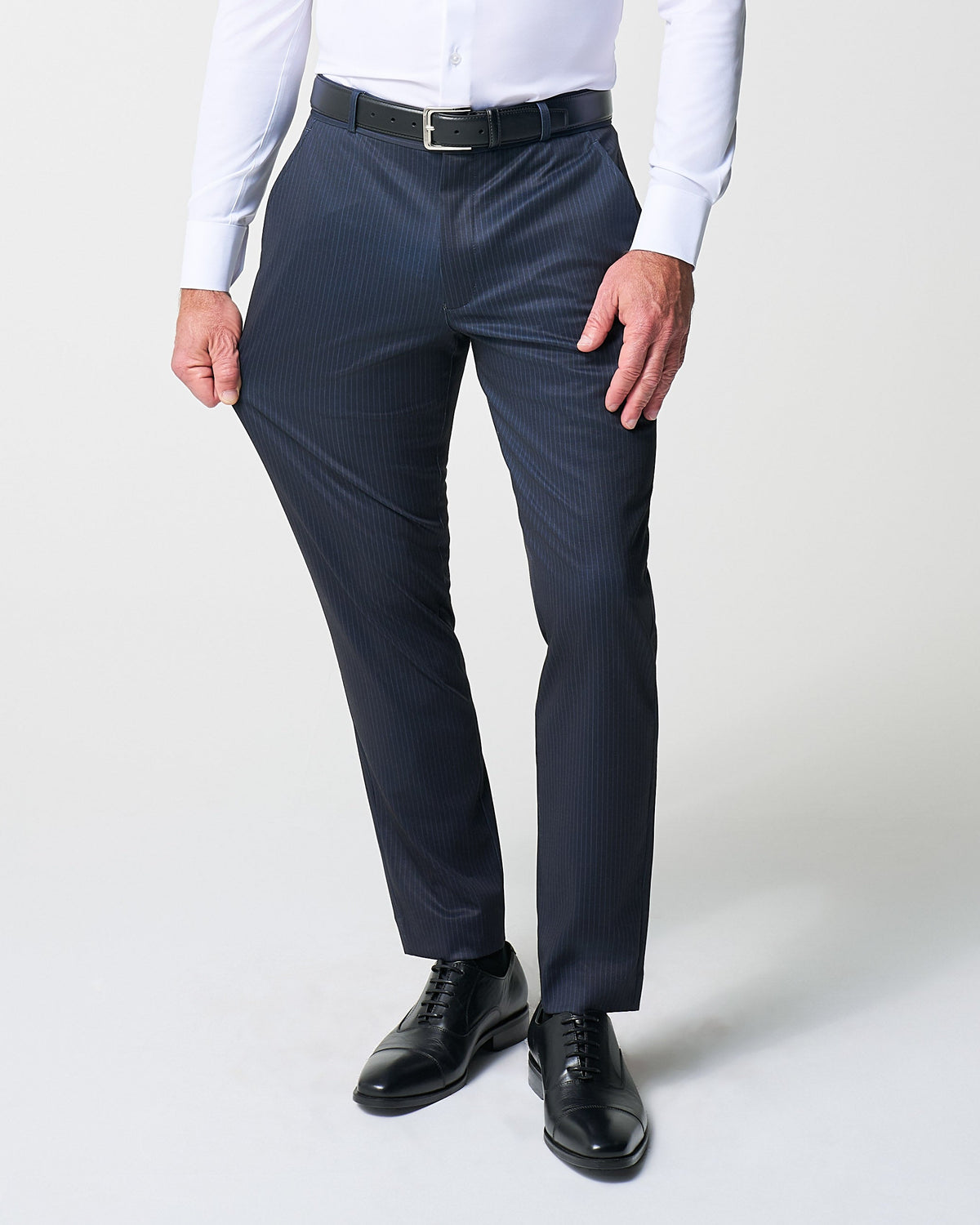 Athletic Fit Stretch Suit Pants - Knit Blue Chalk Stripe | State & Liberty Suits|Bottoms