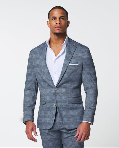 Athletic Fit Stretch Blazer - Knit Light Blue, Navy & White Plaid | State & Liberty Blazers|Suits