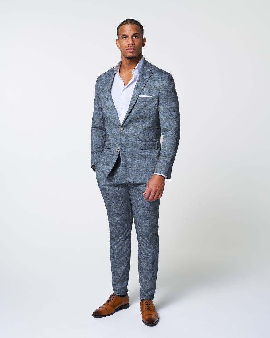 Athletic Fit Stretch Blazer - Knit Light Blue, Navy & White Plaid | State & Liberty Blazers|Suits