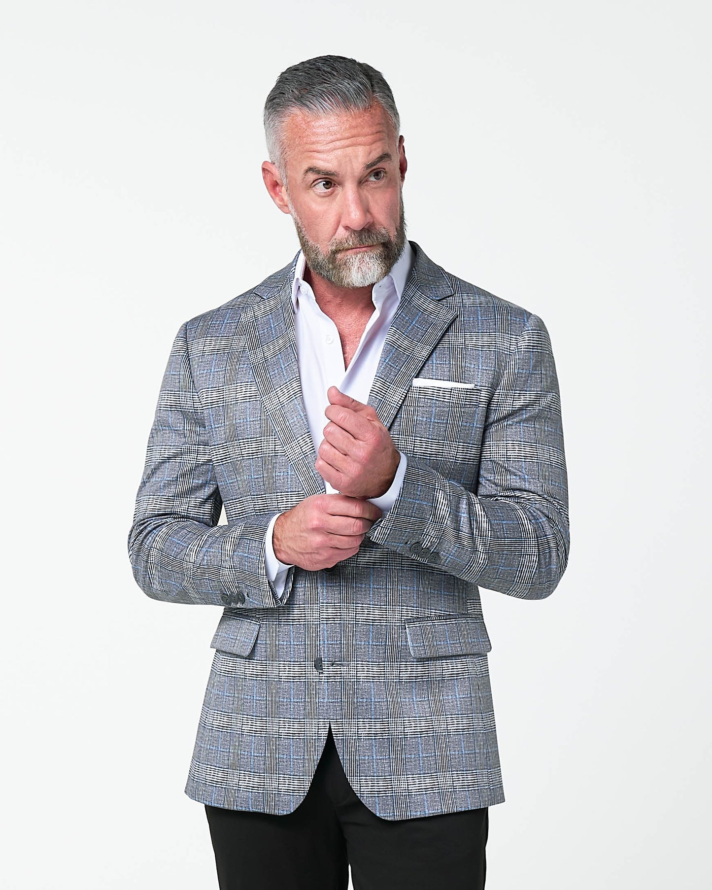 Athletic Fit Stretch Blazer - Grey with Blue Plaid | State & Liberty Blazers|Suits