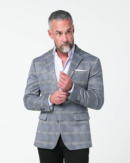 Athletic Fit Stretch Blazer - Grey with Blue Plaid | State & Liberty Blazers|Suits