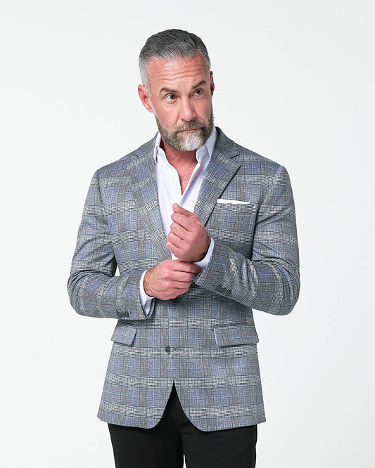 Athletic Fit Stretch Blazer - Grey with Blue Plaid | State & Liberty Blazers|Suits
