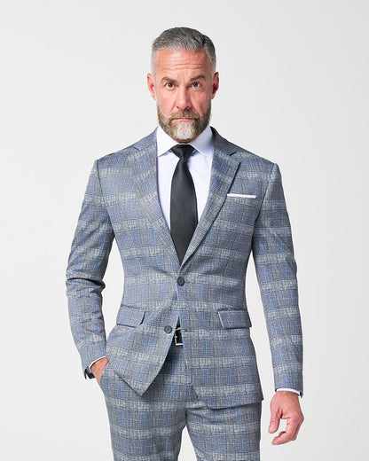 Athletic Fit Stretch Blazer - Grey with Blue Plaid | State & Liberty Blazers|Suits
