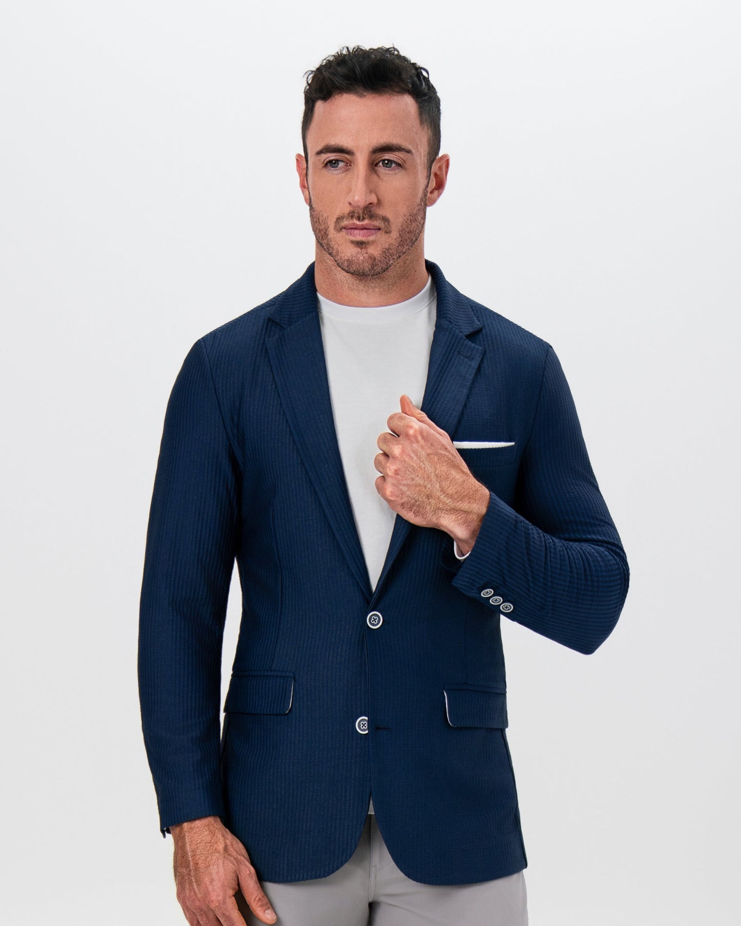 Athletic Fit Stretch Blazer - Navy Seersucker | State & Liberty Blazers|Suits