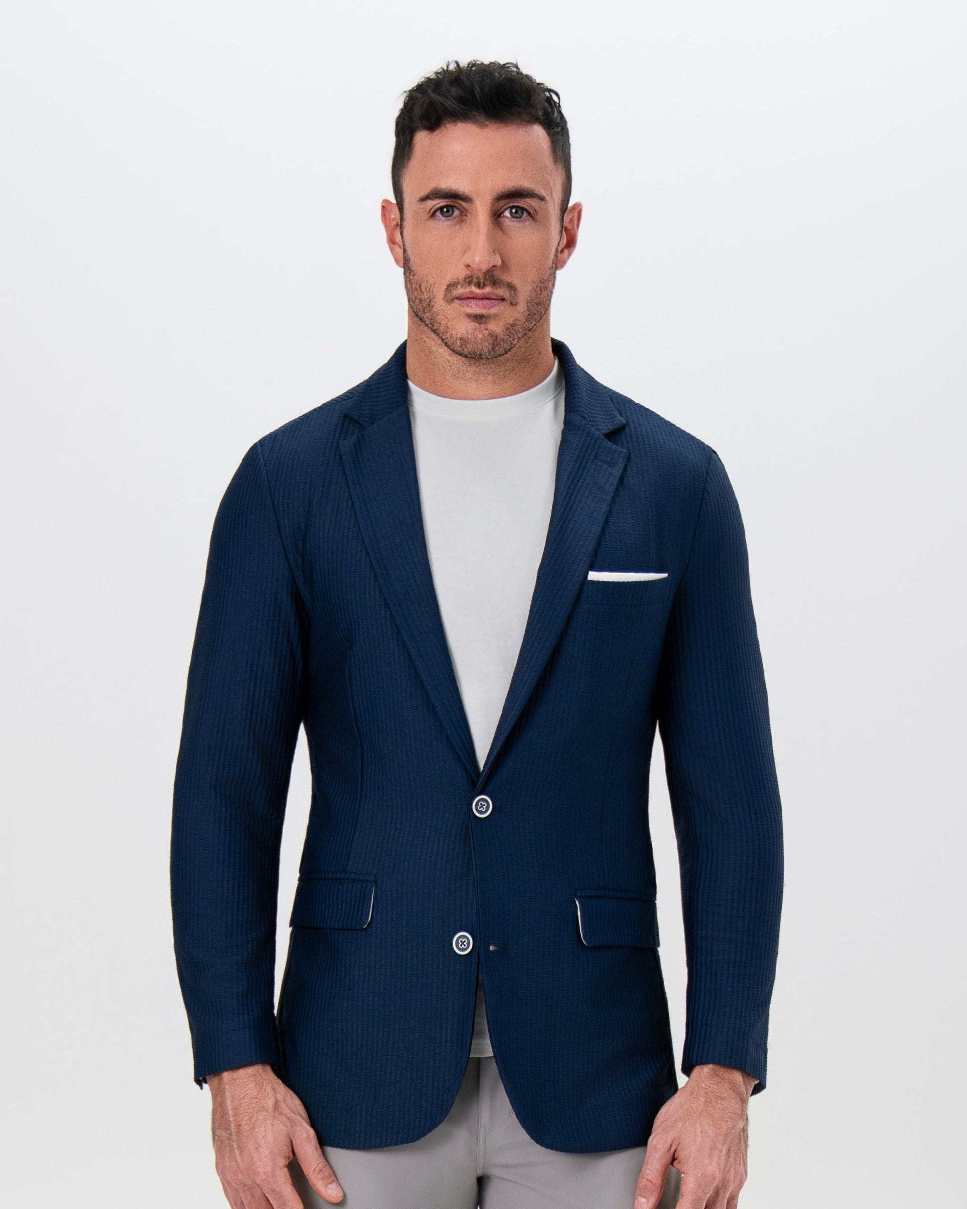 Athletic Fit Stretch Blazer - Navy Seersucker | State & Liberty Blazers|Suits