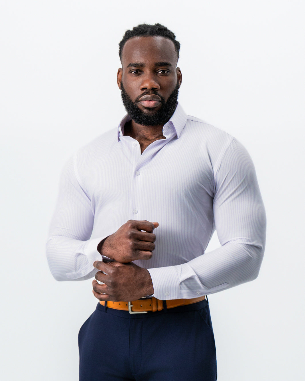"The Fairmont" White with Lavender Mid-Stripe | State & Liberty Dress Shirts