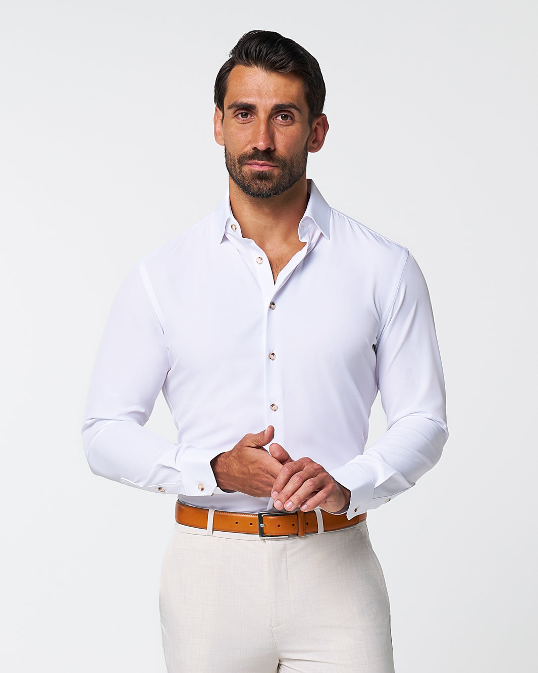 "The Leonardo" Solid White With Tortoise Shell Buttons | State & Liberty Dress Shirts