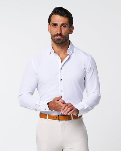 "The Leonardo" Solid White With Tortoise Shell Buttons | State & Liberty Dress Shirts