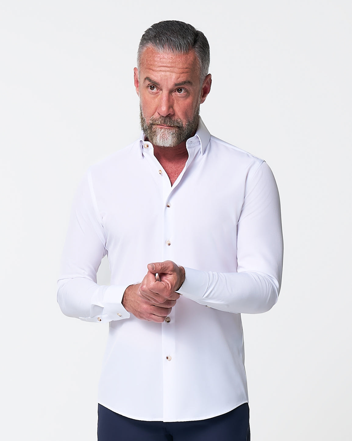 "The Leonardo" Solid White With Tortoise Shell Buttons | State & Liberty Dress Shirts