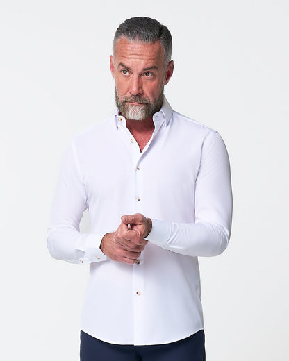 "The Leonardo" Solid White With Tortoise Shell Buttons | State & Liberty Dress Shirts