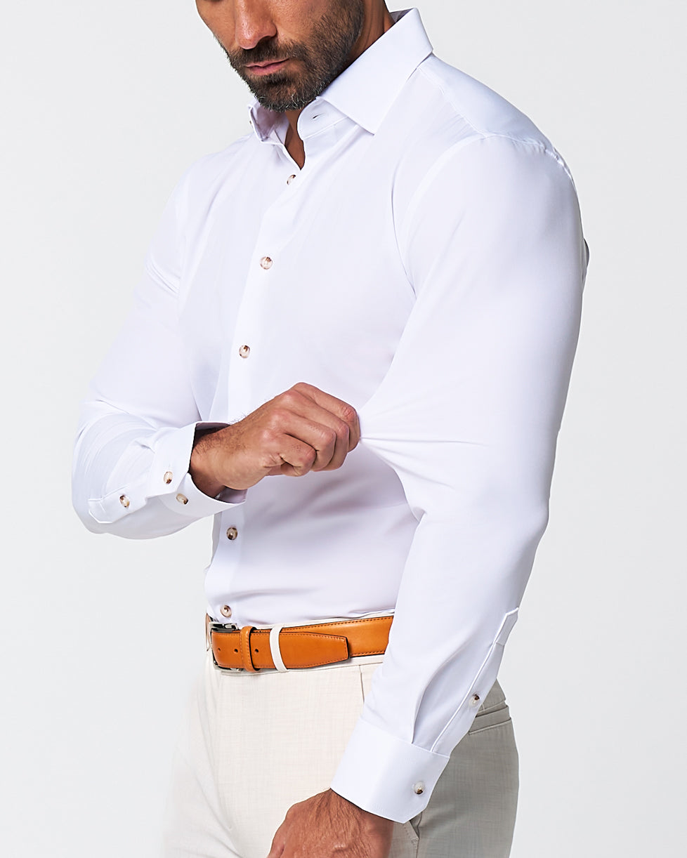 "The Leonardo" Solid White With Tortoise Shell Buttons | State & Liberty Dress Shirts