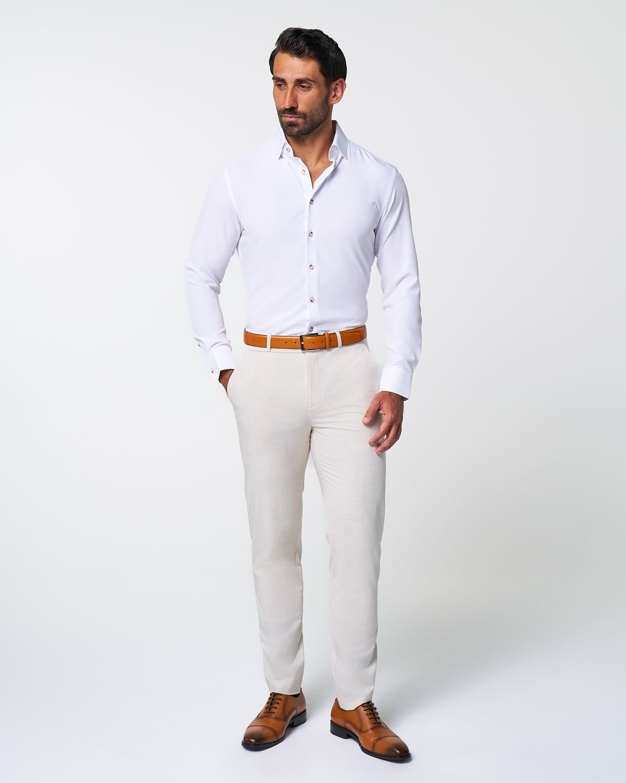 "The Leonardo" Solid White With Tortoise Shell Buttons | State & Liberty Dress Shirts