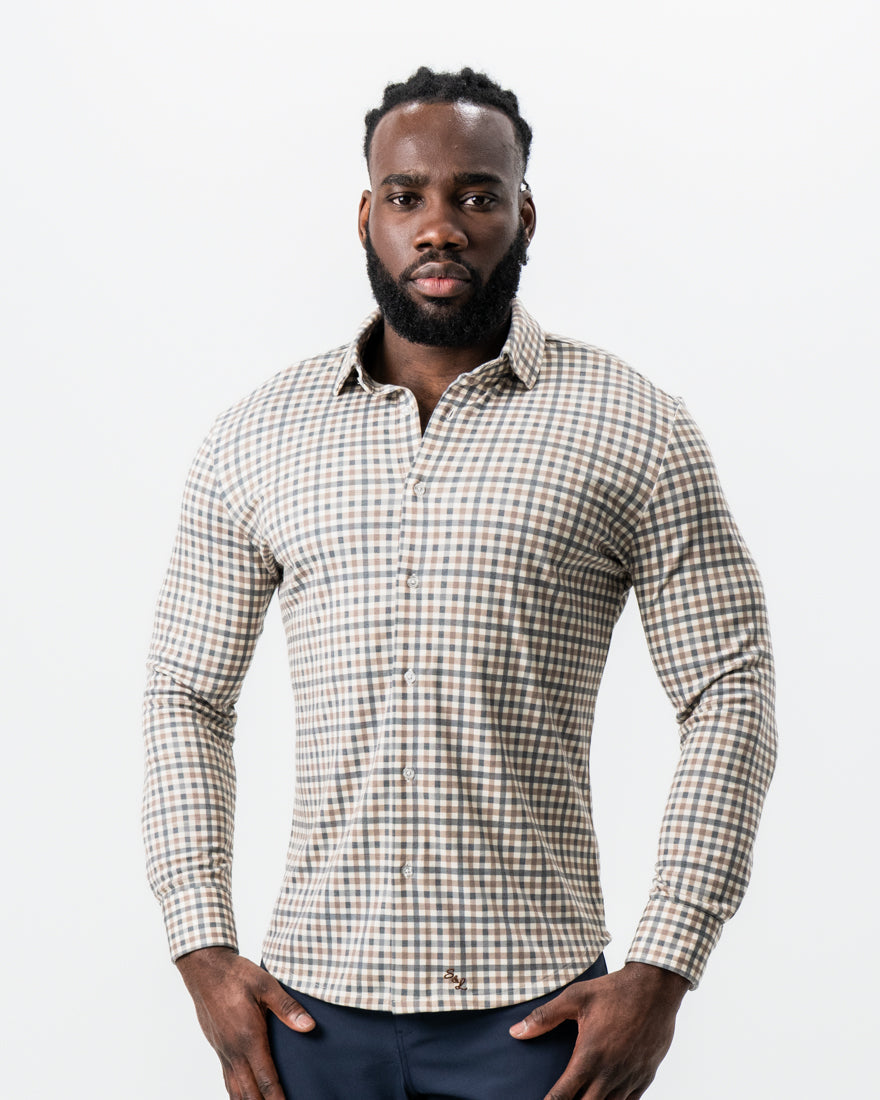 "The Palmer" Brown, Grey, and White Gingham Button Down | State & Liberty Dress Shirts