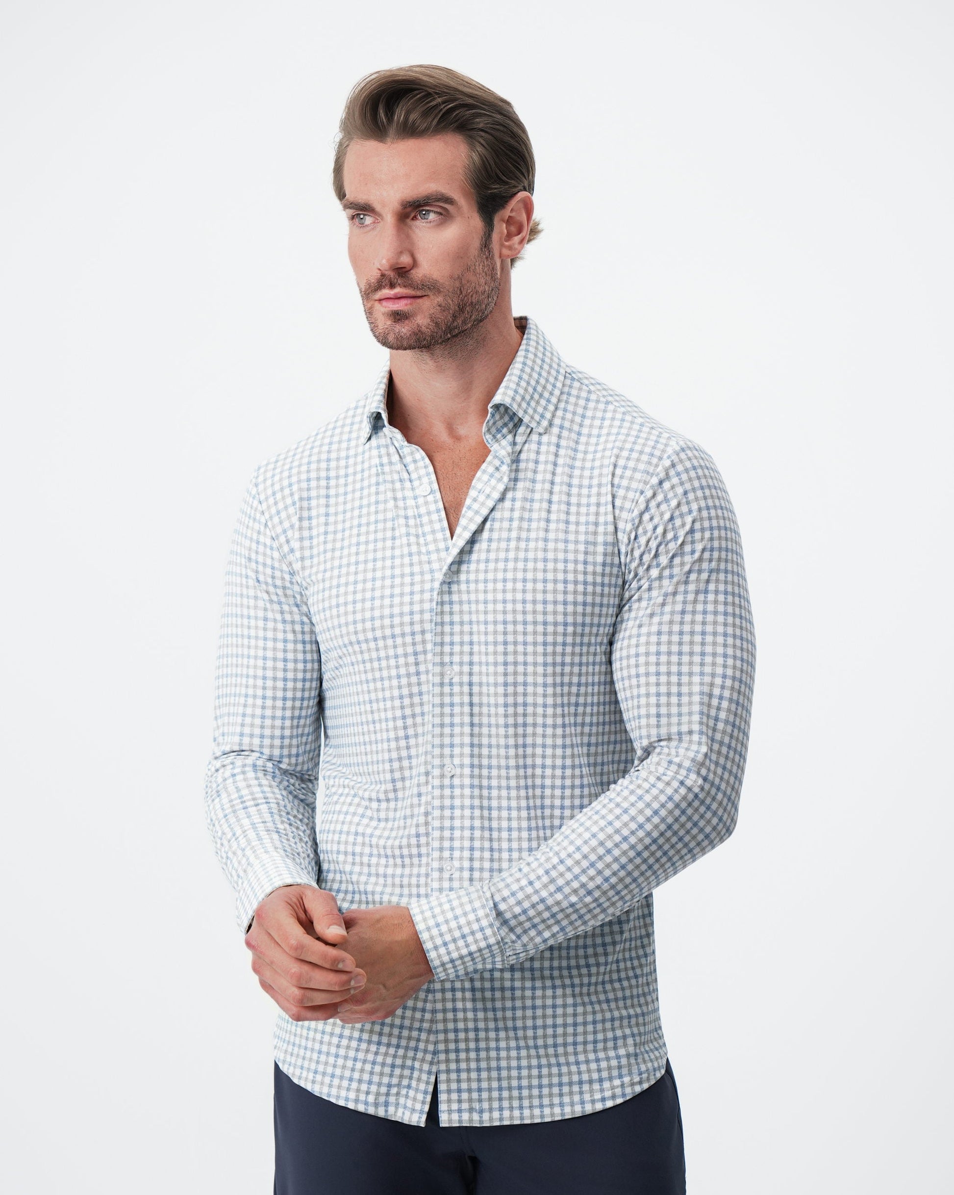 "The Dime" Sport Shirt - White, Grey & Light Blue Windowpane | State & Liberty Dress Shirts