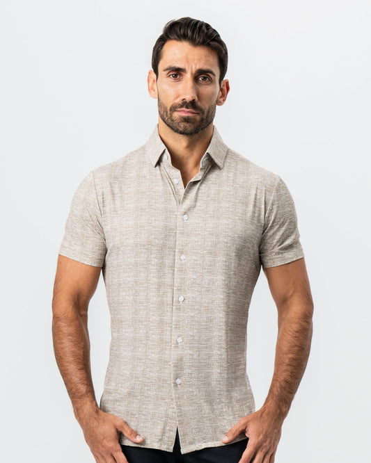 "The Giovanni" Printed Linen Olive Short Sleeve Button Down | State & Liberty Tops
