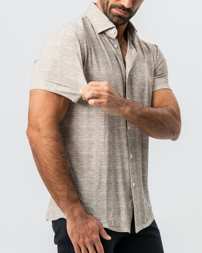 "The Giovanni" Printed Linen Olive Short Sleeve Button Down | State & Liberty Tops