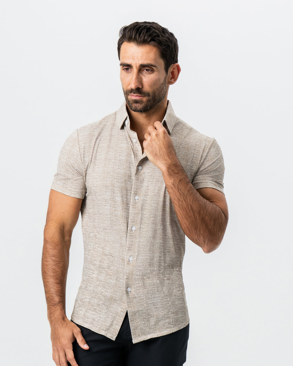 "The Giovanni" Printed Linen Olive Short Sleeve Button Down | State & Liberty Tops