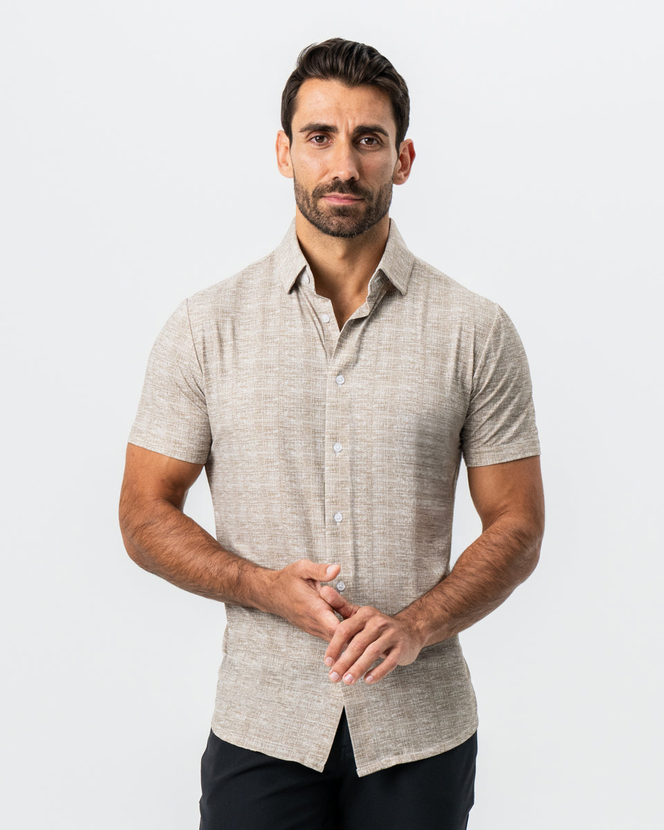 "The Giovanni" Printed Linen Olive Short Sleeve Button Down | State & Liberty Tops
