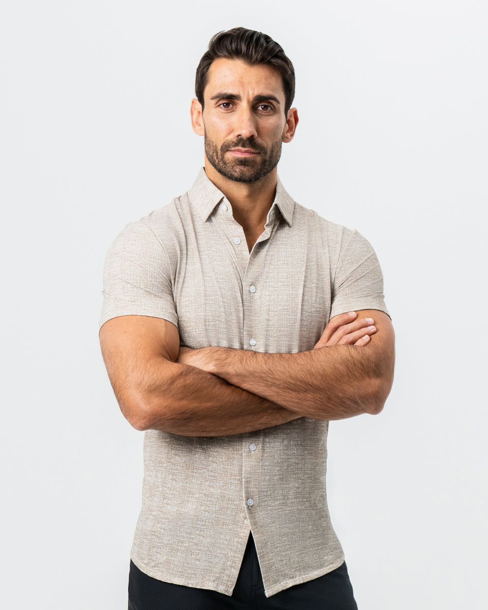 "The Giovanni" Printed Linen Olive Short Sleeve Button Down | State & Liberty Tops